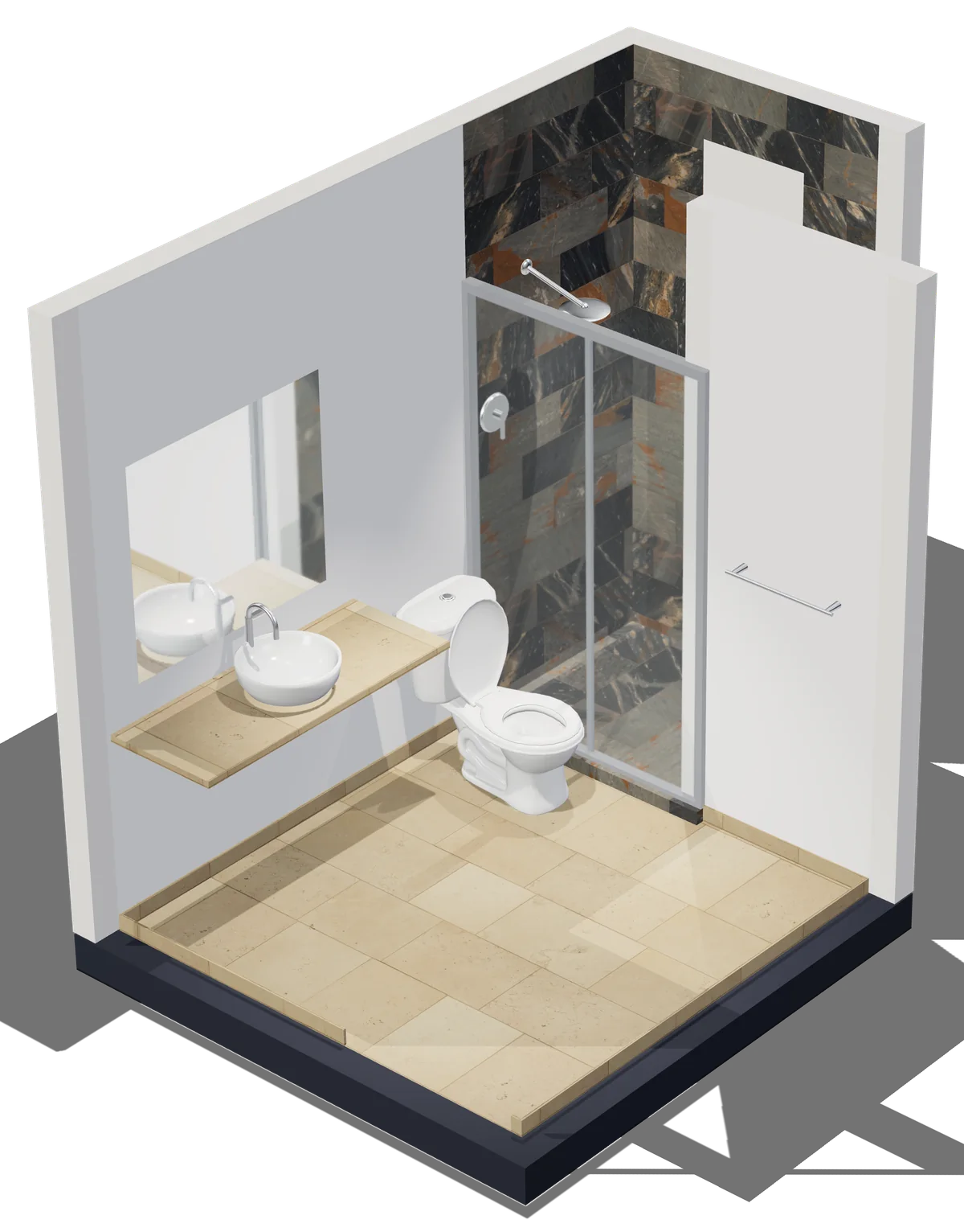 Maqueta en 3D de un baño con lavabo, WC y regadera, hecha con Maqetia